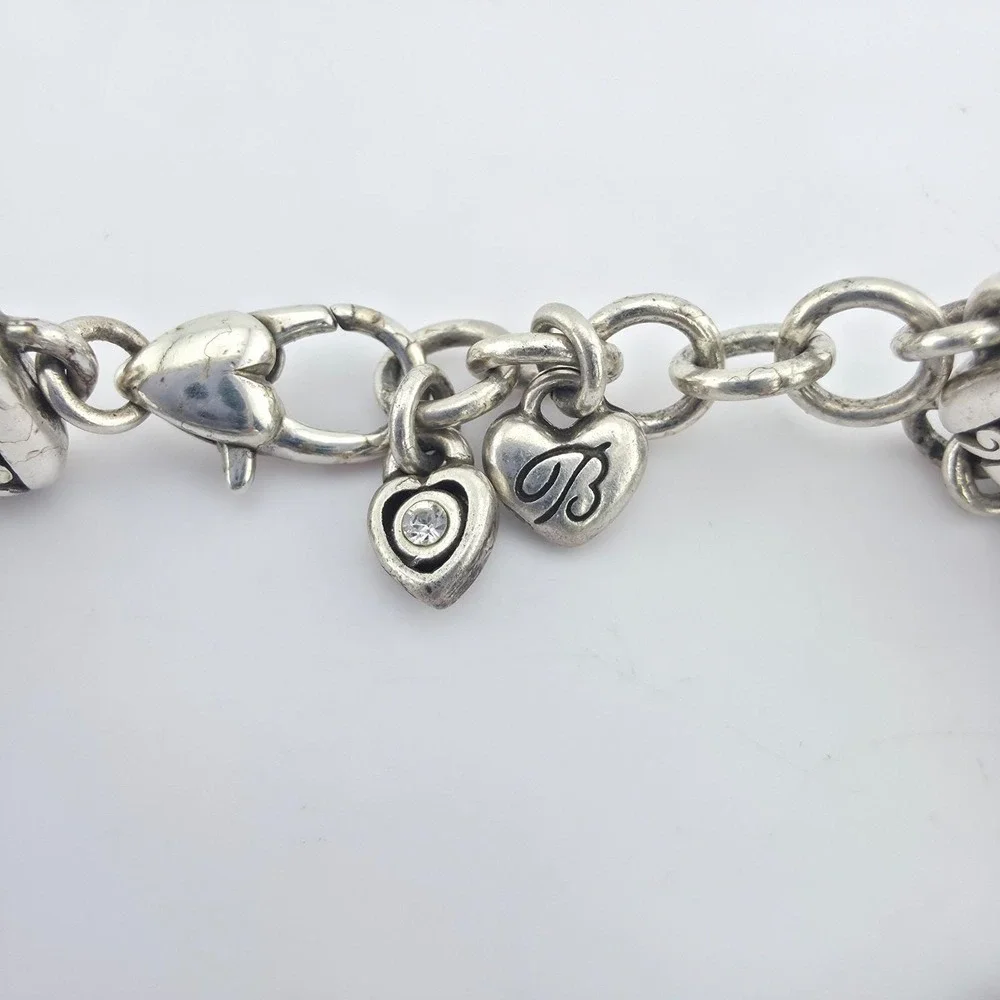 BRIGHTON 'Reno Heart' Charm Bracelet Pavé Crystals Scrollwork Silver Plate 7.5